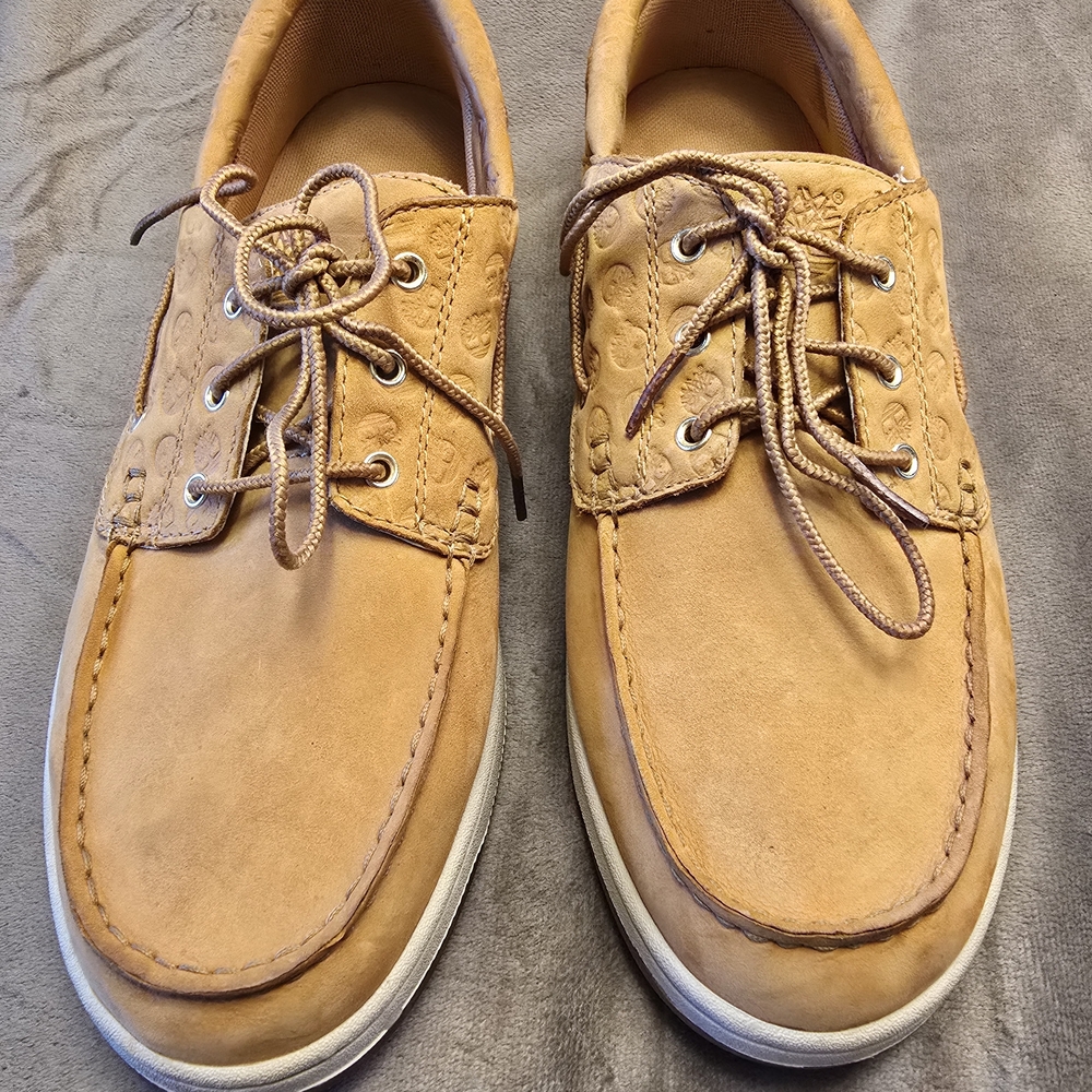 Timberland 45596 Tan Leather Boat Shoes Lace Up Comfort Rubber Sole Men's 8.5 M
